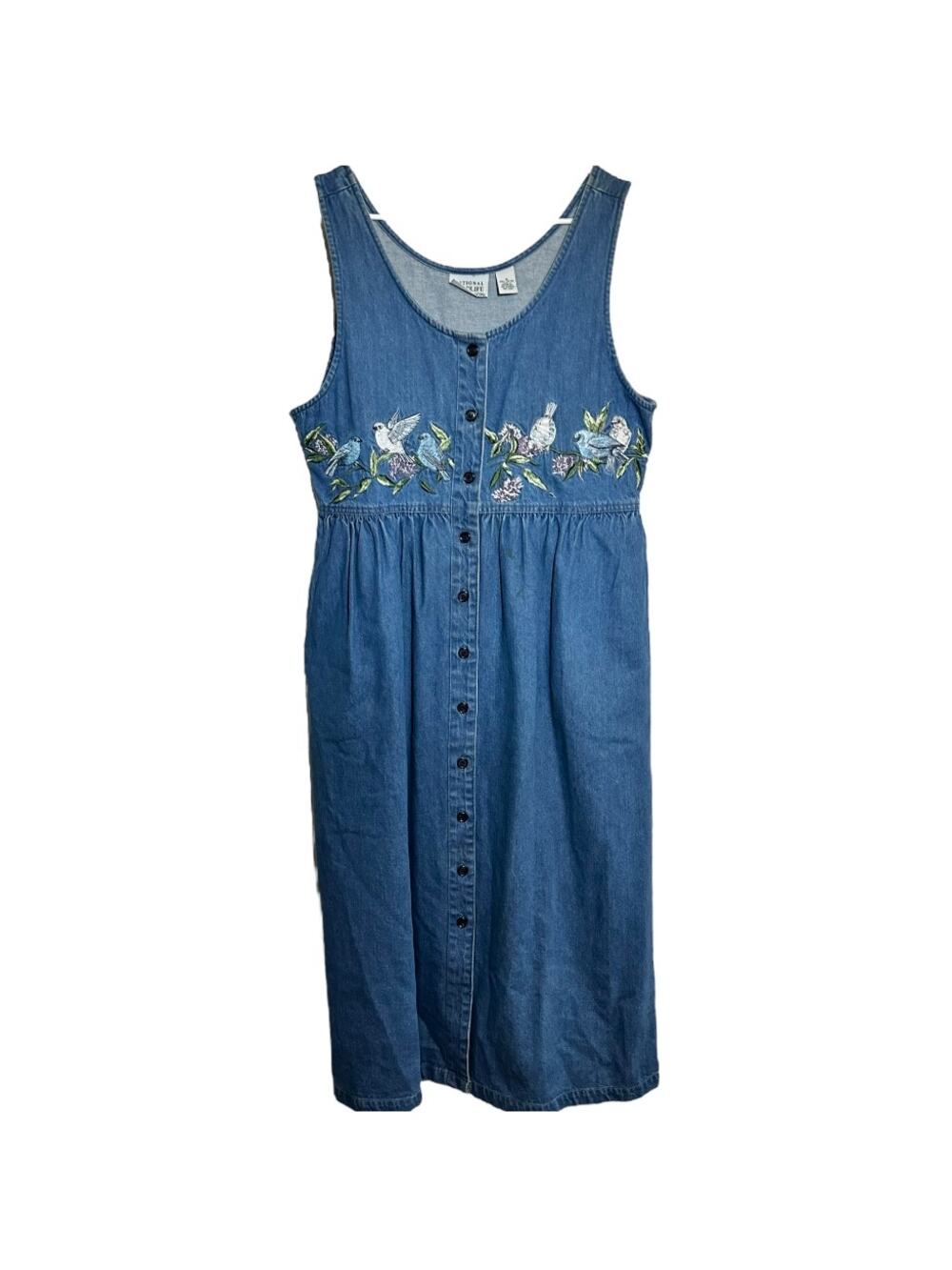 National Wildlife Federation Jumper Dress Denim Bird Embroidered Pockets Medium